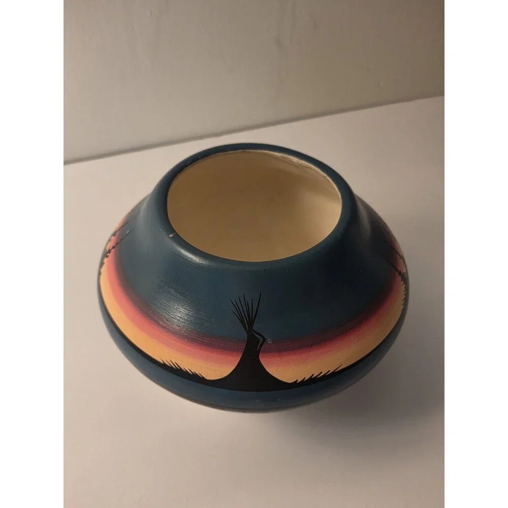 Navajo End Of The Trail Art Pottery Decorative Bowl, Hand-Painted Blue w Sunset.